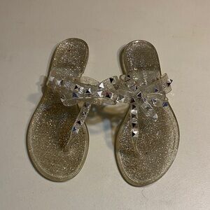 Wild Diva Clear Gold Glitter Jelly Bow Sandals with Silver Studs
